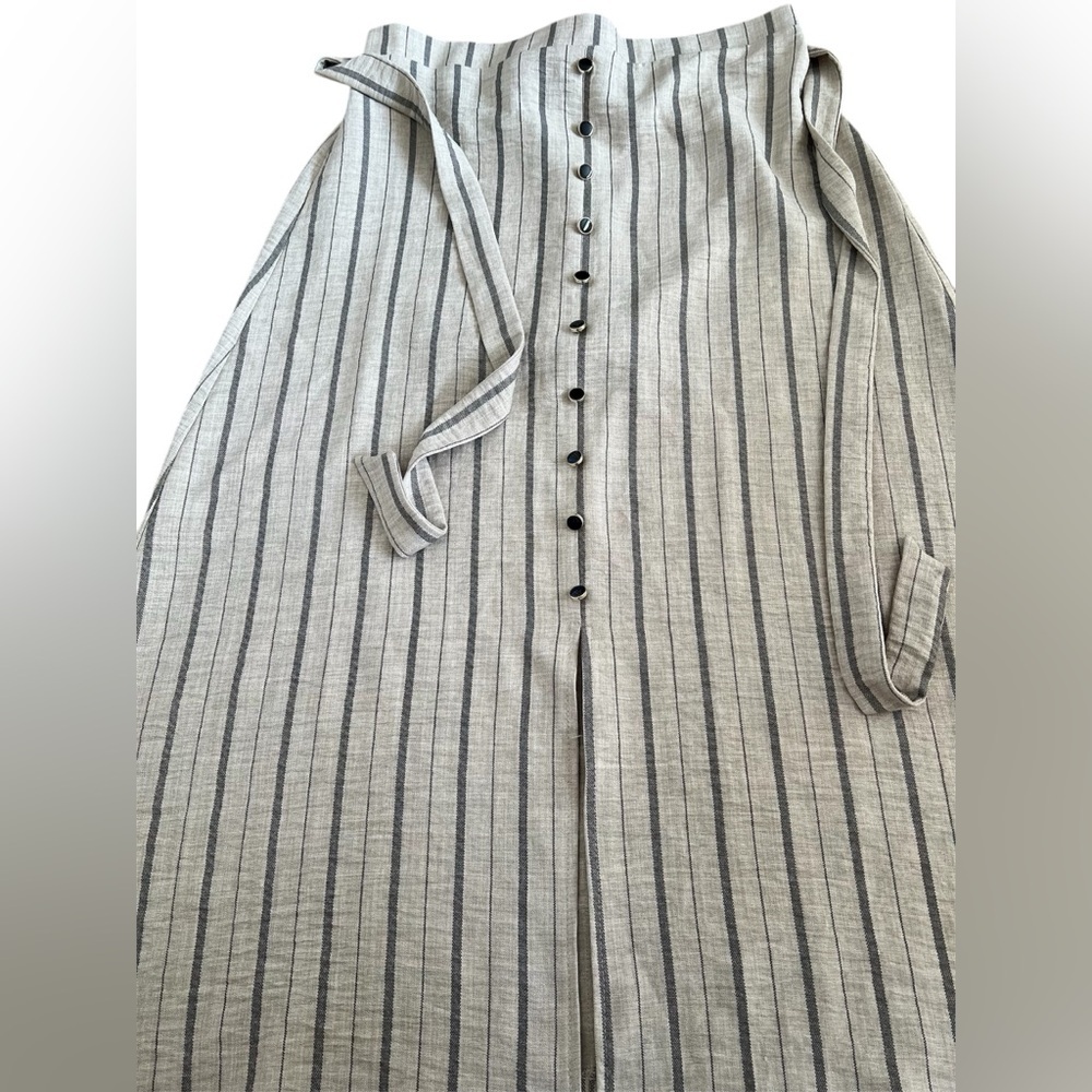 NYCC Beige Striped A-Line Midi Skirt with Tie and button Front - Picture 2 of 7